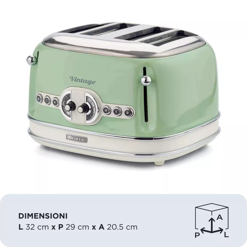 Ariete 156 4 Slice Vintage Toaster, 1600 W, 6 grauzdēšanas līmeņi, nerūsējošais tērauds krāsots pasteļzaļā krāsā, bez sviestmaižu turētājiem. Zaļš