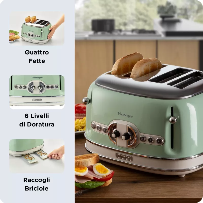 Ariete 156 4 Slice Vintage Toaster, 1600 W, 6 grauzdēšanas līmeņi, nerūsējošais tērauds krāsots pasteļzaļā krāsā, bez sviestmaižu turētājiem. Zaļš