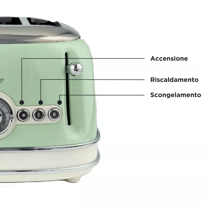 Ariete 156 4 Slice Vintage Toaster, 1600 W, 6 grauzdēšanas līmeņi, nerūsējošais tērauds krāsots pasteļzaļā krāsā, bez sviestmaižu turētājiem. Zaļš