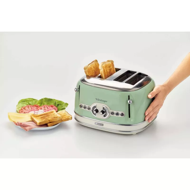 Ariete 156 4 Slice Vintage Toaster, 1600 W, 6 grauzdēšanas līmeņi, nerūsējošais tērauds krāsots pasteļzaļā krāsā, bez sviestmaižu turētājiem. Zaļš
