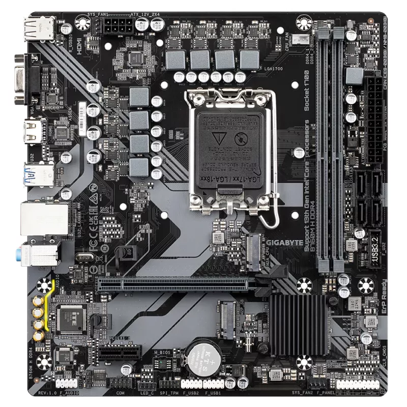 GIGABYTE B760M H DDR4 mātesplate - atbalsta Intel Core 14. paaudzes centrālos procesorus, 6+1+1 fāžu digitālo VRM, līdz 3200 MHz DDR4 (OC), 2x PCIe 4.0 M.2, GbE LAN, USB 3.2 Gen1