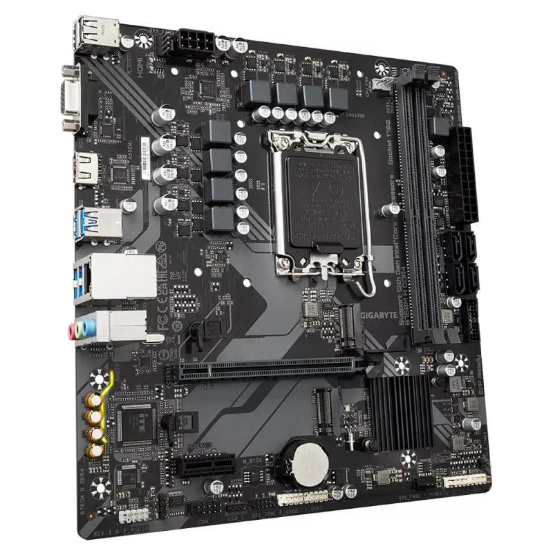 GIGABYTE B760M H DDR4 mātesplate - atbalsta Intel Core 14. paaudzes centrālos procesorus, 6+1+1 fāžu digitālo VRM, līdz 3200 MHz DDR4 (OC), 2x PCIe 4.0 M.2, GbE LAN, USB 3.2 Gen1