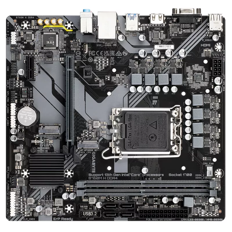 GIGABYTE B760M H DDR4 mātesplate - atbalsta Intel Core 14. paaudzes centrālos procesorus, 6+1+1 fāžu digitālo VRM, līdz 3200 MHz DDR4 (OC), 2x PCIe 4.0 M.2, GbE LAN, USB 3.2 Gen1