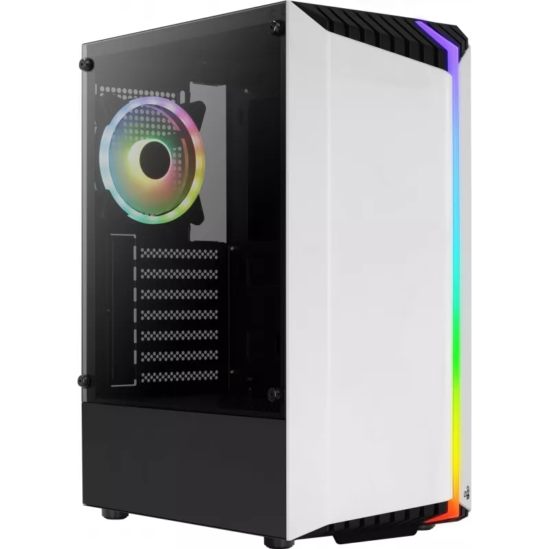 PC korpuss AEROCOOL Bionic Midi Tower White — ATX, rūdīts stikls, 2x3.5 collu sloti, 6x2.5 collu, 297 mm GPU, zils LED