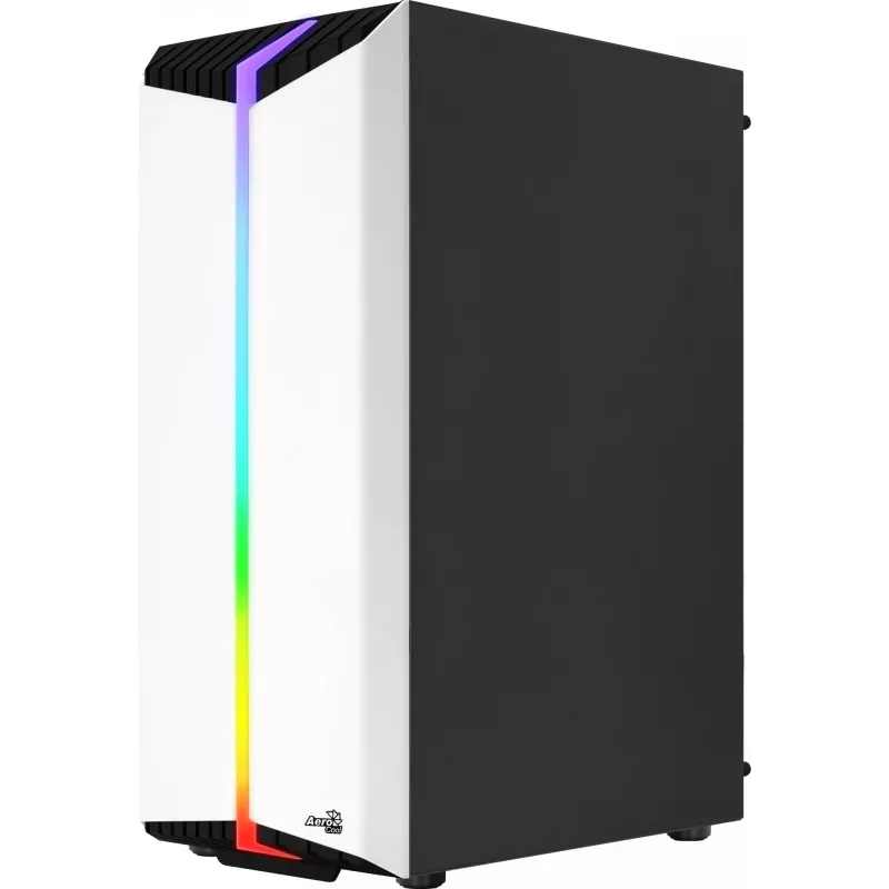 PC korpuss AEROCOOL Bionic Midi Tower White — ATX, rūdīts stikls, 2x3.5 collu sloti, 6x2.5 collu, 297 mm GPU, zils LED