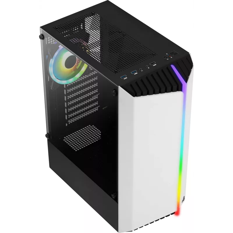PC korpuss AEROCOOL Bionic Midi Tower White — ATX, rūdīts stikls, 2x3.5 collu sloti, 6x2.5 collu, 297 mm GPU, zils LED
