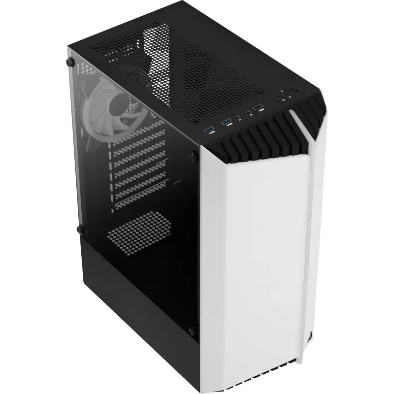 PC korpuss AEROCOOL Bionic Midi Tower White — ATX, rūdīts stikls, 2x3.5 collu sloti, 6x2.5 collu, 297 mm GPU, zils LED