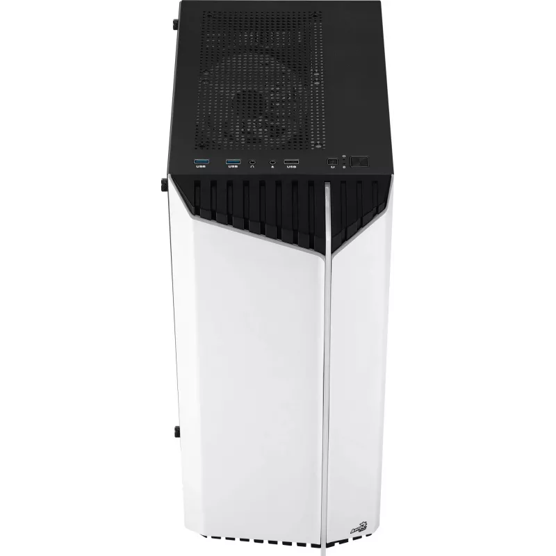 PC korpuss AEROCOOL Bionic Midi Tower White — ATX, rūdīts stikls, 2x3.5 collu sloti, 6x2.5 collu, 297 mm GPU, zils LED