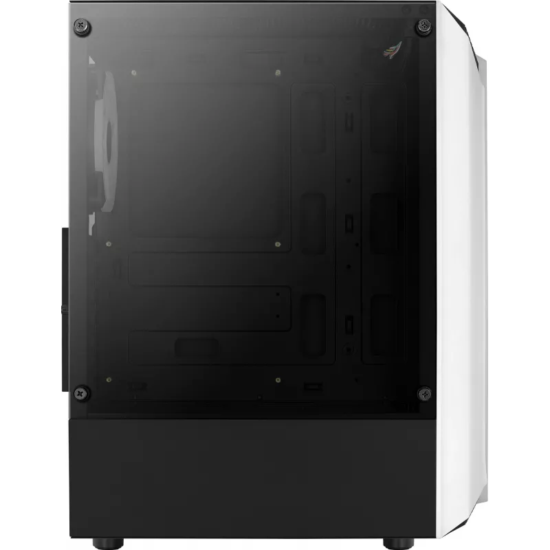 PC korpuss AEROCOOL Bionic Midi Tower White — ATX, rūdīts stikls, 2x3.5 collu sloti, 6x2.5 collu, 297 mm GPU, zils LED