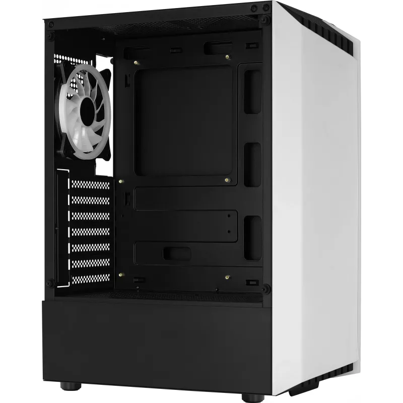 PC korpuss AEROCOOL Bionic Midi Tower White — ATX, rūdīts stikls, 2x3.5 collu sloti, 6x2.5 collu, 297 mm GPU, zils LED