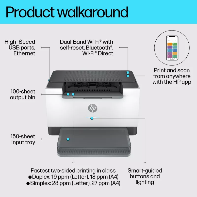 HP LaserJet M207dw printeris, lāzeris, 600 x 600 DPI, A4, 27 ppm, abpusējā druka, pelēks, balts