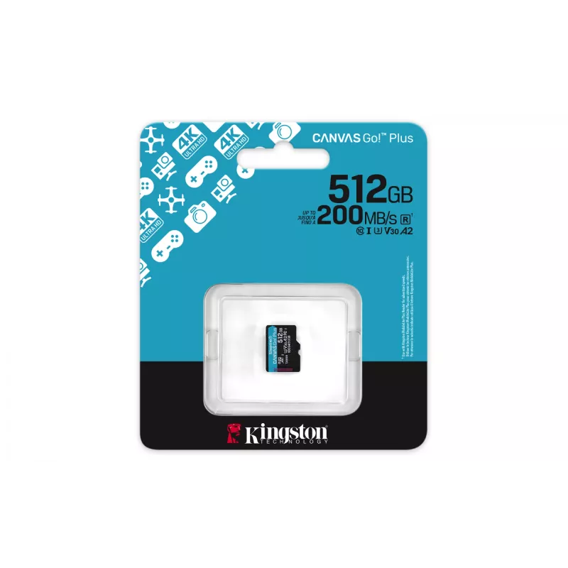 Kingston Technology 512GB microSDXC Canvas Go Plus Gen4 200R A2 U3 viena paka w/o ADP