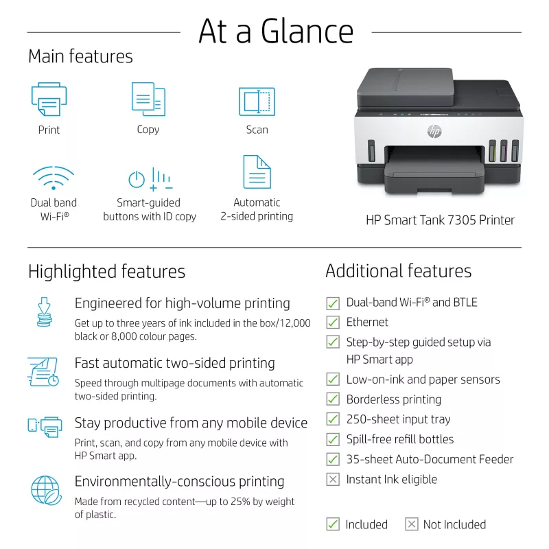 HP Smart Tank 7305 Bezvadu daudzfunkciju krāsu printeris, abpusējā drukāšana; kopētājs, skeneris