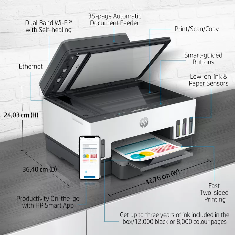HP Smart Tank 7305 Bezvadu daudzfunkciju krāsu printeris, abpusējā drukāšana; kopētājs, skeneris