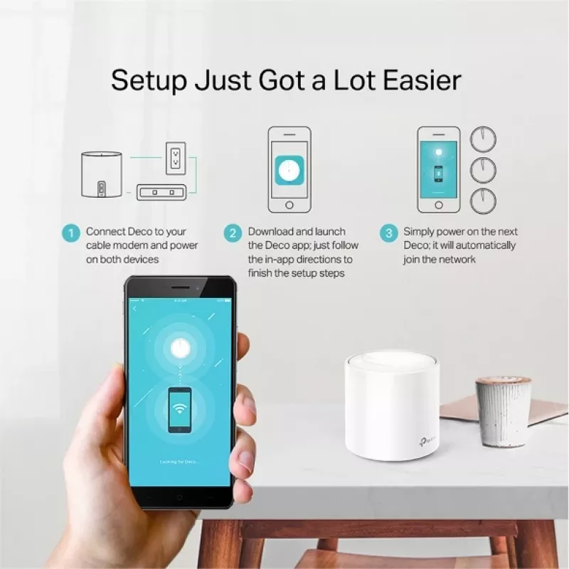 TP-Link AX1800 Whole Home Mesh Wi-Fi 6 sistēma, balta, iekšējā, tīkla maršrutētājs, barošana, FCC