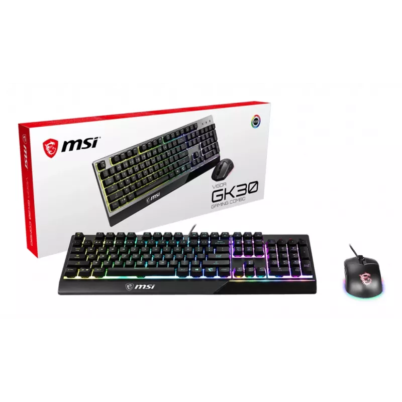 MSI VIGOR GK30 COMBO RGB MEMchanical spēļu tastatūra + Clutch GM11 spēļu pele ' UK izkārtojums, 6 zonu RGB apgaismojuma tastatūra, divu zonu RGB apgaismojuma pele, 5000 DPI optiskais sensors, RGB Mystic Light