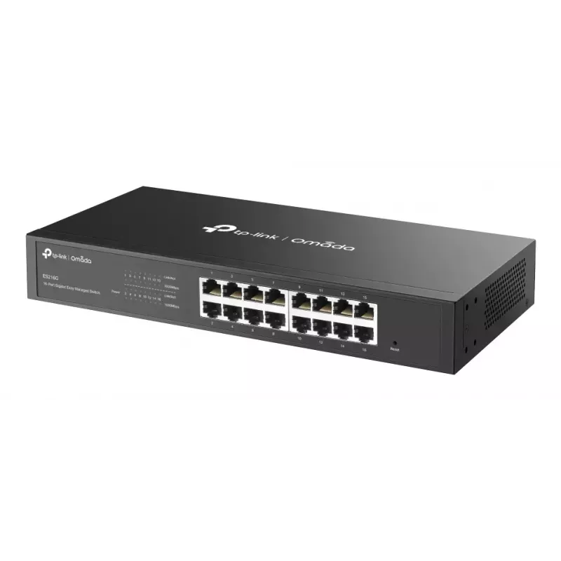 Pārvaldāms L2 Gigabitu Ethernet slēdzis TP-Link Omada ES216G — 16 x RJ-45 10/100/1000, 32 Gbit/s, 8000 MAC, melns, stiprināms statīvā