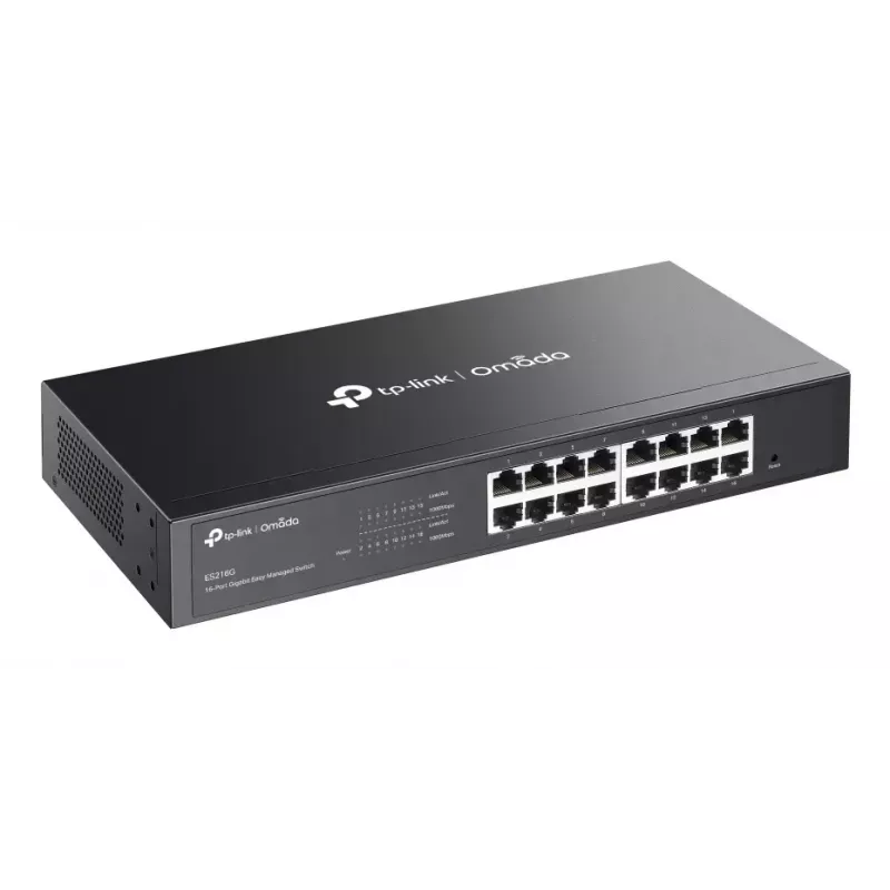 Pārvaldāms L2 Gigabitu Ethernet slēdzis TP-Link Omada ES216G — 16 x RJ-45 10/100/1000, 32 Gbit/s, 8000 MAC, melns, stiprināms statīvā