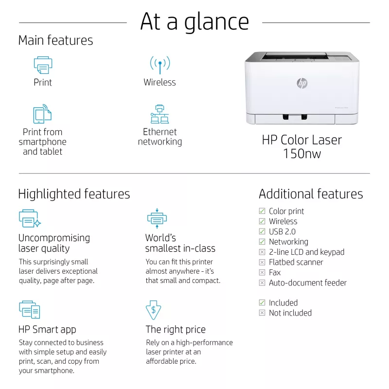 HP Color Laser 150nw, lāzerprinteris, krāsu, 600 x 600 DPI, A4, 18 ppm, abpusējā drukāšana