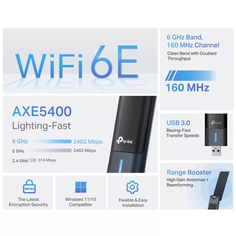 TP-Link Archer AXE5400 Wi-Fi 6E augsta pastiprinājuma bezvadu USB adapteris