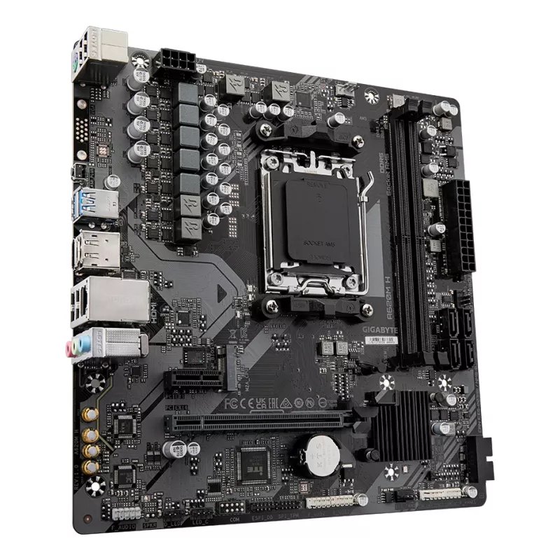 GIGABYTE A620M H mātesplate – atbalsta AMD Ryzen 8000 centrālos procesorus, 5+2+2 fāžu digitālais VRM, līdz 7200 MHz DDR5 (OC), 1xPCIe 4.0 M.2, GbE LAN, USB 3.2 Gen 1