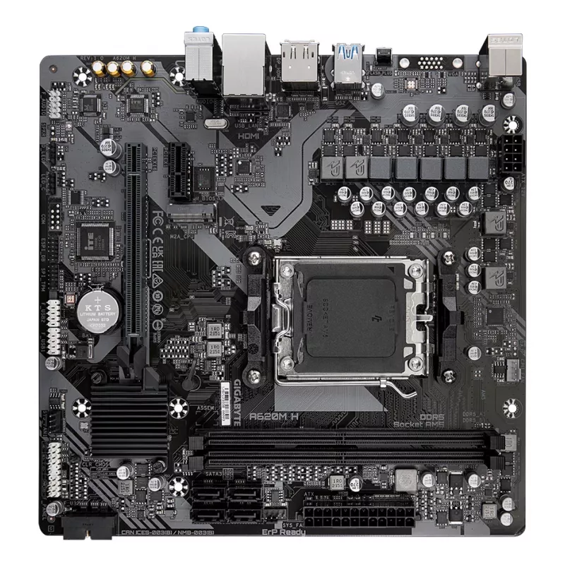 GIGABYTE A620M H mātesplate – atbalsta AMD Ryzen 8000 centrālos procesorus, 5+2+2 fāžu digitālais VRM, līdz 7200 MHz DDR5 (OC), 1xPCIe 4.0 M.2, GbE LAN, USB 3.2 Gen 1