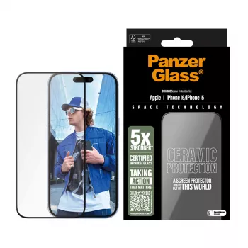 PanzerGlass ® Keramikas ekrāna aizsargs iPhone 16 | 15 | Ultra-Wide Fit ar EasyAligner