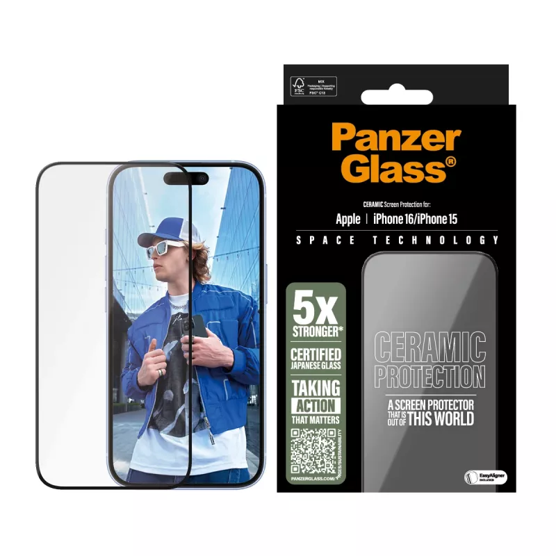 PanzerGlass ® Keramikas ekrāna aizsargs iPhone 16 | 15 | Ultra-Wide Fit ar EasyAligner