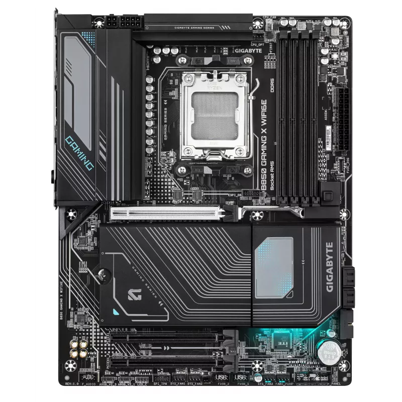 Mātesplate GIGABYTE B850 GAMING X WIFI6E — AMD Ryzen 9000 sērijas CPU, 12+2+2 fāžu digitālais VRM, līdz 8200MHz DDR5 (OC), 1xPCIe 5.0 + 2xPCIe 4.0 M.2, 2.5LAN, WIFI 6E, USB 3.2 Gen 2x2