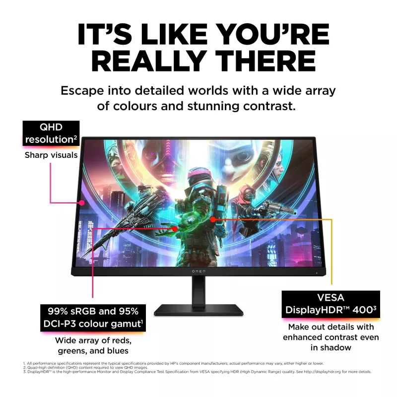 OMEN by HP 27 collu QHD 240Hz spēļu monitors - OMEN 27qs, 68.6 cm (27 collas), 2560 x 1440 pikseļi, Quad HD, LCD, 1 ms, Melns