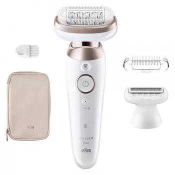 Epilators BRAUN Silk-épil 9 9-030 — 40 MicroGrip pincetes, bezvada, mitrai un sausai lietošanai, masāža, balts/sudrabs