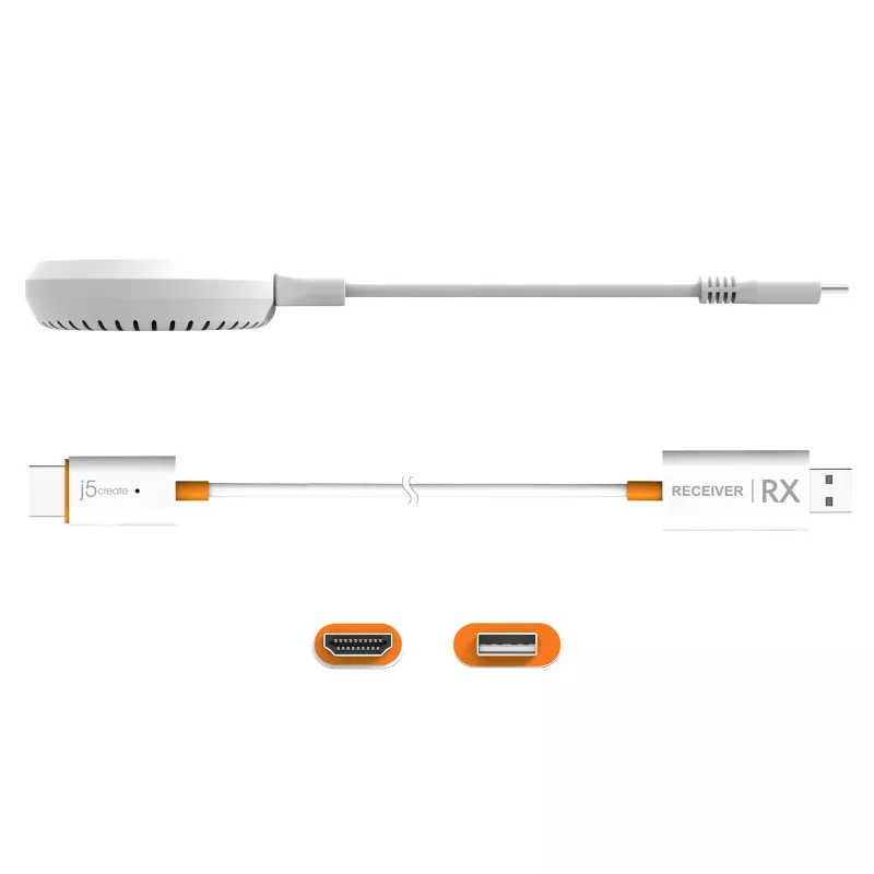 j5create JVAW62 ScreenCast USB-C® bezvadu displeja HDMI™ paplašinātājs, balta un oranža