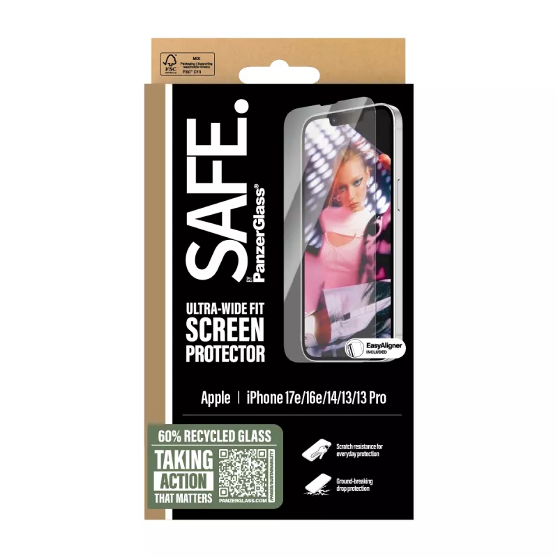 PanzerGlass SAFE. by ® Ekrāna aizsargs iPhone 17e | 16e | 14 | 13 | 13 Pro | Ultra-Wide Fit ar EasyAligner