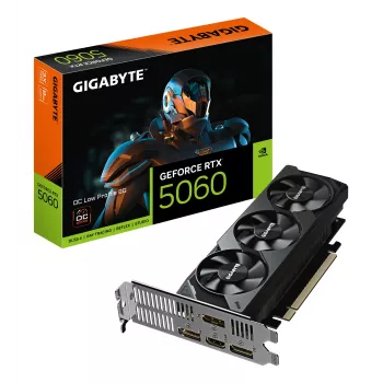 GIGABYTE GeForce RTX 5060 OC Low Profile 8G grafiskā karte - 8GB GDDR7, 128bit, PCI-E 5.0, 2512 MHz kodola takts frekvence, 3 x DisplayPort, 1 x HDMI, GV-N5060OC-8GL