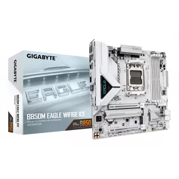 GIGABYTE B850M EAGLE WIFI6E ICE mātesplate - AMD Ryzen 9000 sērijas CPU, 8+2+2 fāžu digitālais VRM, līdz 8200MHz DDR5 (OC), 1xPCIe 5.0 + 1xPCIe 4.0 M.2, Wi-Fi 6E, 2.5 GbE LAN, USB 3.2 Gen 2