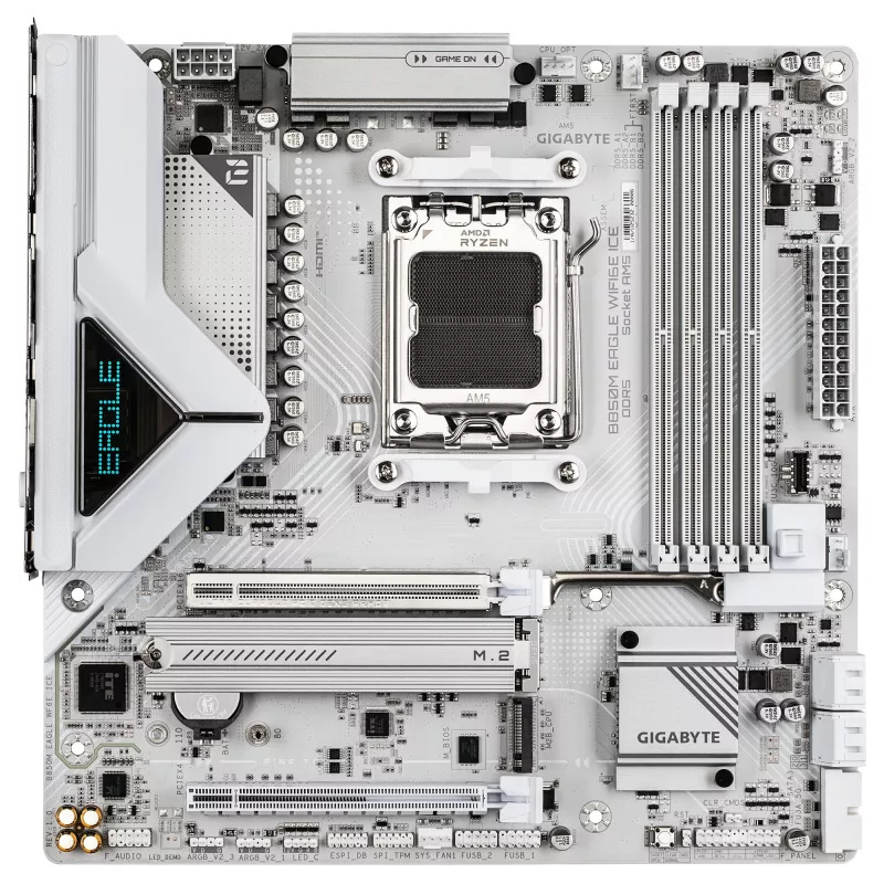 GIGABYTE B850M EAGLE WIFI6E ICE mātesplate - AMD Ryzen 9000 sērijas CPU, 8+2+2 fāžu digitālais VRM, līdz 8200MHz DDR5 (OC), 1xPCIe 5.0 + 1xPCIe 4.0 M.2, Wi-Fi 6E, 2.5 GbE LAN, USB 3.2 Gen 2