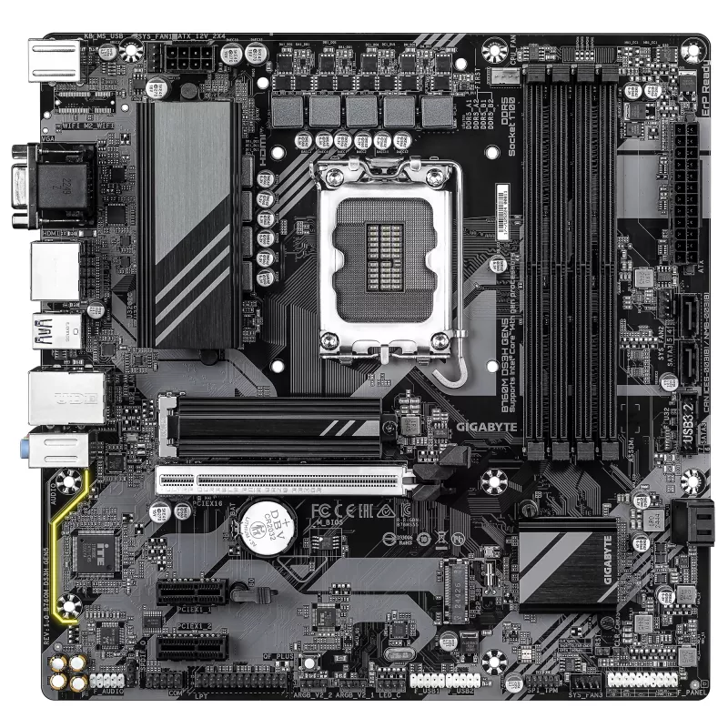 GIGABYTE B760M DS3H GEN5 mātesplate — atbalsta Intel Core 14. paaudzes CPU, 6+2+1 fāžu digitālais VRM, līdz 5600MHz DDR5, 2xPCIe 4.0 M.2, 2.5GbE LAN, USB 3.2 Gen2