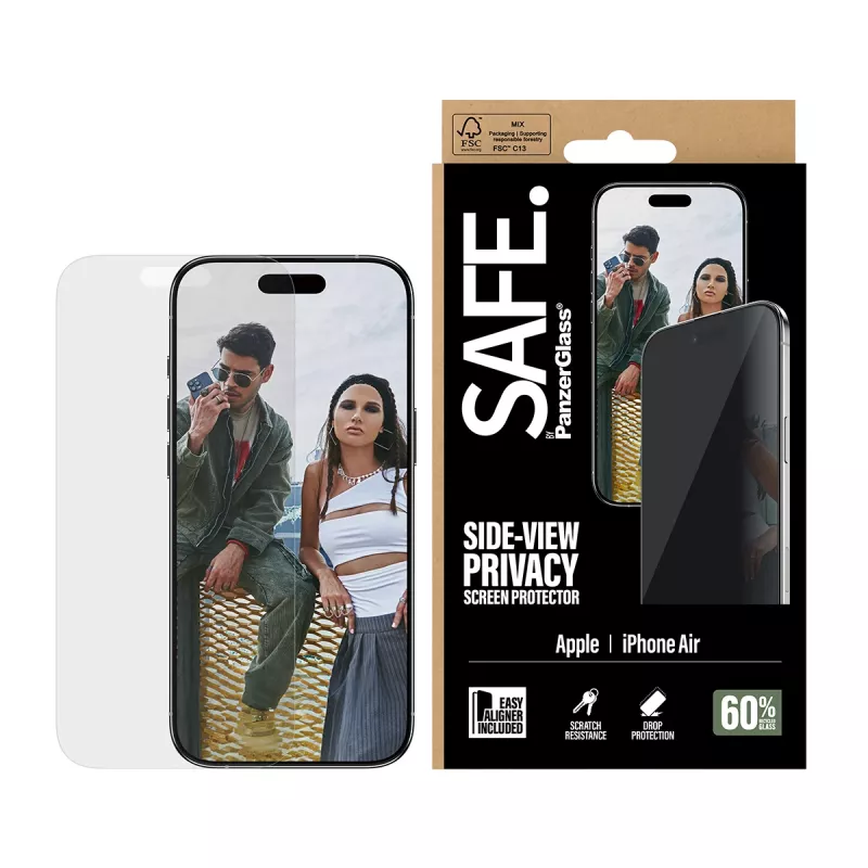 Ekrāna aizsargs PanzerGlass SAFE. Privacy Apple iPhone Air — rūdīts stikls, īpaši plata pielāgošana, EasyAligner, skrāpējumu un triecienu izturīgs