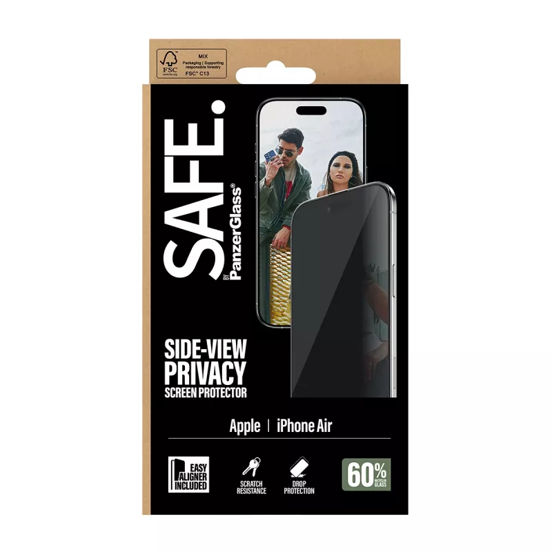 Ekrāna aizsargs PanzerGlass SAFE. Privacy Apple iPhone Air — rūdīts stikls, īpaši plata pielāgošana, EasyAligner, skrāpējumu un triecienu izturīgs
