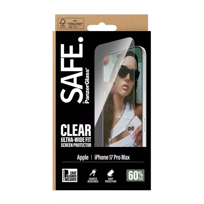 Ekrāna aizsargs PanzerGlass SAFE. by iPhone 17 Pro Max — Ultra-Wide Fit, rūdīts stikls, sausā uzstādīšana, 1 gab.