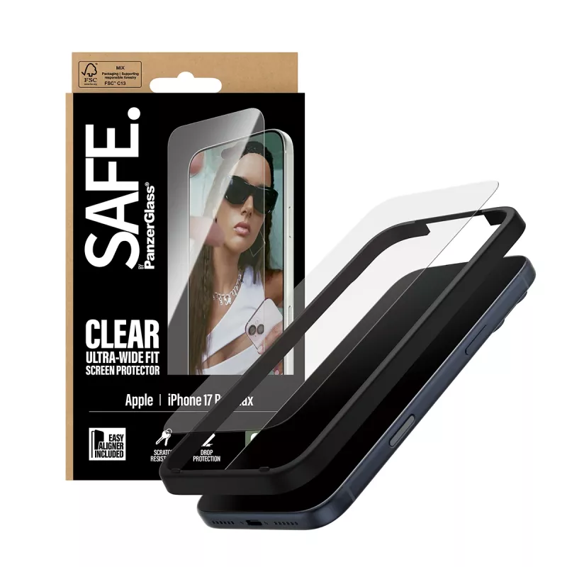 Ekrāna aizsargs PanzerGlass SAFE. by iPhone 17 Pro Max — Ultra-Wide Fit, rūdīts stikls, sausā uzstādīšana, 1 gab.