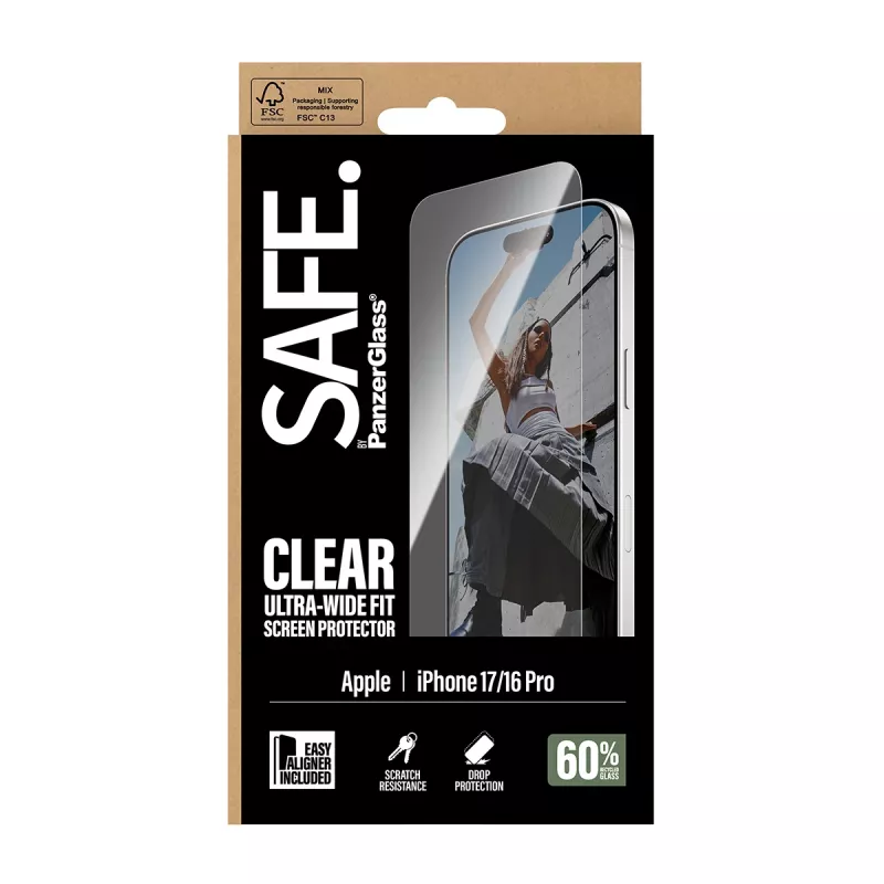 PanzerGlass SAFE. by ® ekrāna aizsargs iPhone 17 | iPhone 16 Pro | Ultra-Wide Fit ar EasyAligner