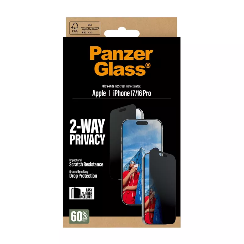 PanzerGlass ® 2-Way Privacy Screen Protector iPhone 17 | iPhone 16 Pro | Ultra-Wide Fit ar EasyAligner