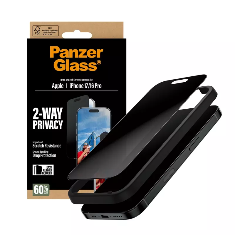PanzerGlass ® 2-Way Privacy Screen Protector iPhone 17 | iPhone 16 Pro | Ultra-Wide Fit ar EasyAligner