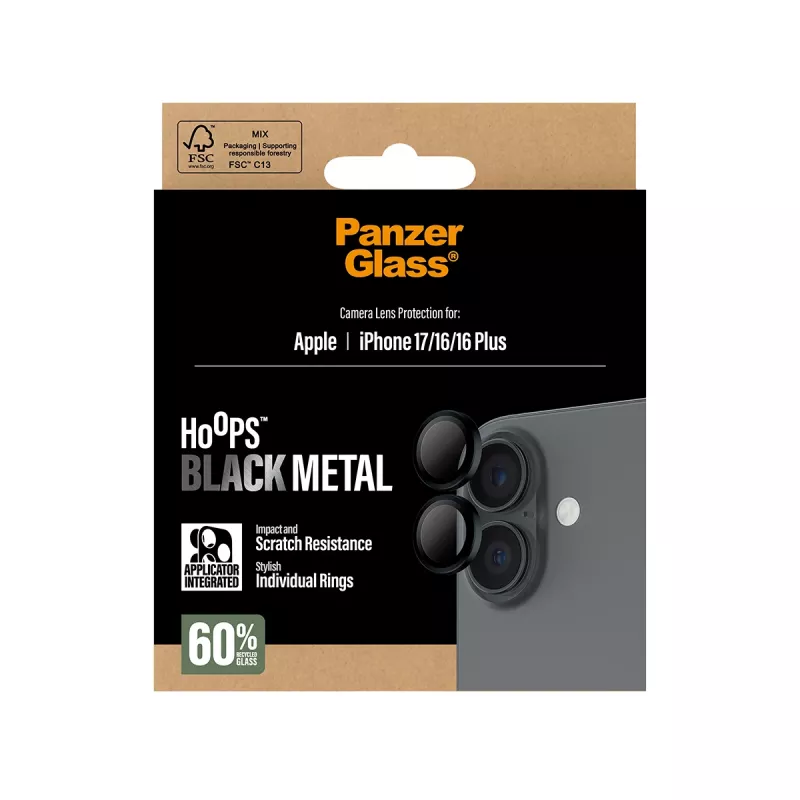 PanzerGlass® Hoops® Kameras lēcu aizsargs melns iPhone 17 | iPhone 16 | 16 Plus