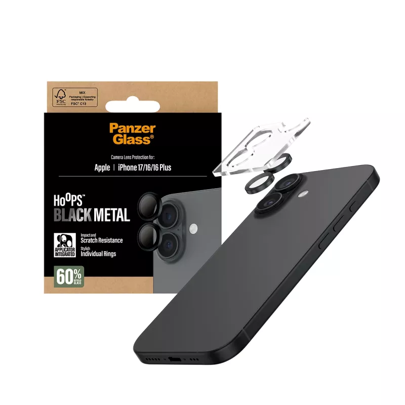 PanzerGlass® Hoops® Kameras lēcu aizsargs melns iPhone 17 | iPhone 16 | 16 Plus