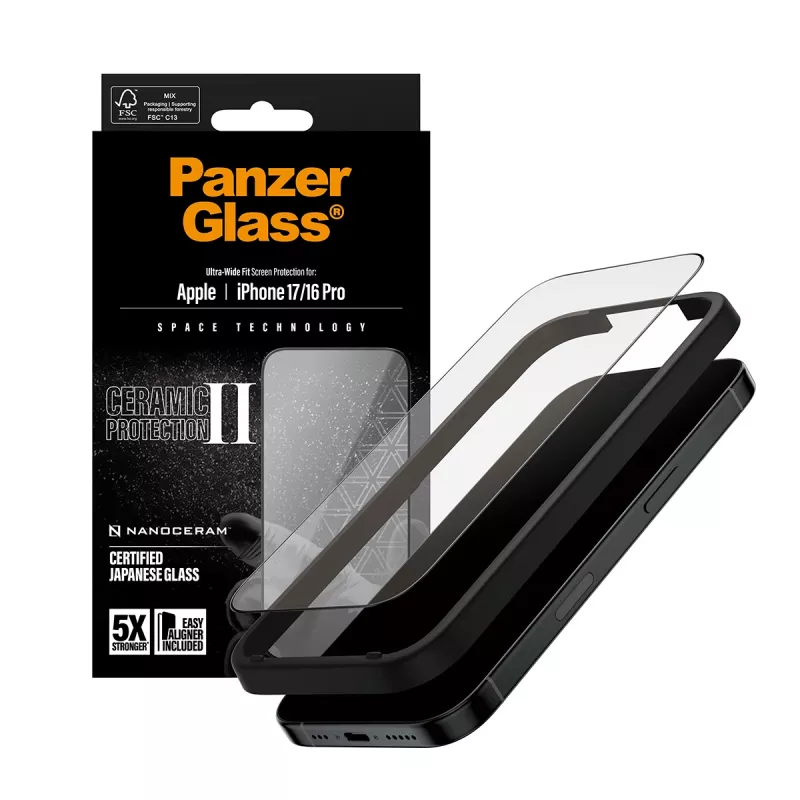 PanzerGlass ® Ceramic II ekrāna aizsargs iPhone 17 | iPhone 16 Pro | Ultra-Wide Fit ar EasyAligner