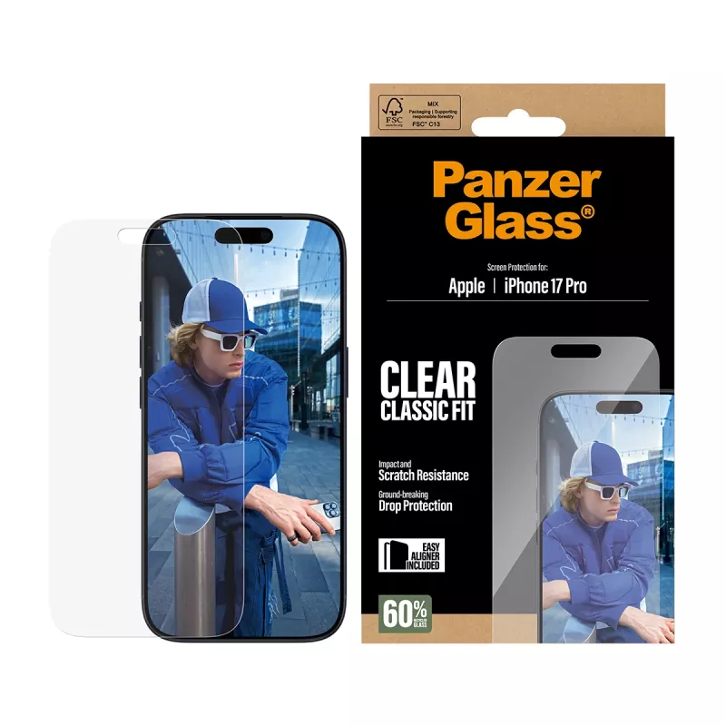 Ekrāna aizsargs PanzerGlass iPhone 17 Pro Classic Fit EasyAligner, izturīgs pret skrāpējumiem un triecieniem