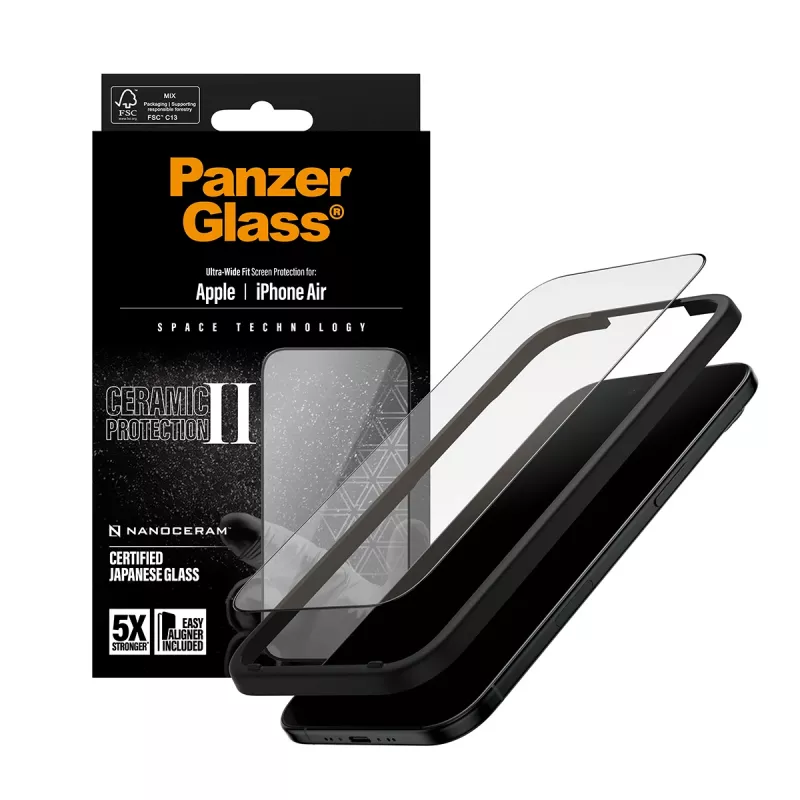 Ekrāna aizsargs PanzerGlass Ceramic II iPhone Air Ultra-Wide Fit ar EasyAligner Rūdīts stikls PET Silikons Caurspīdīgs 1 gab.