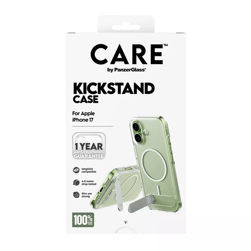 PanzerGlass CARE by Feature vāciņš, caurspīdīgs, ar statīvu un MagSafe, iPhone 17